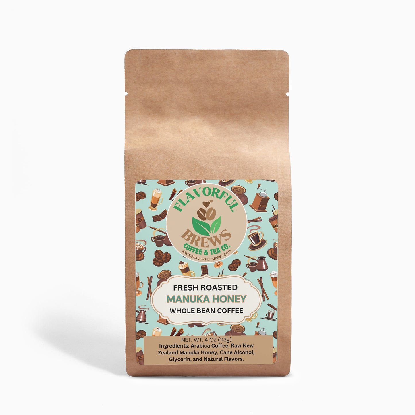 Manuka Honey Coffee bag with a colorful label on a white background