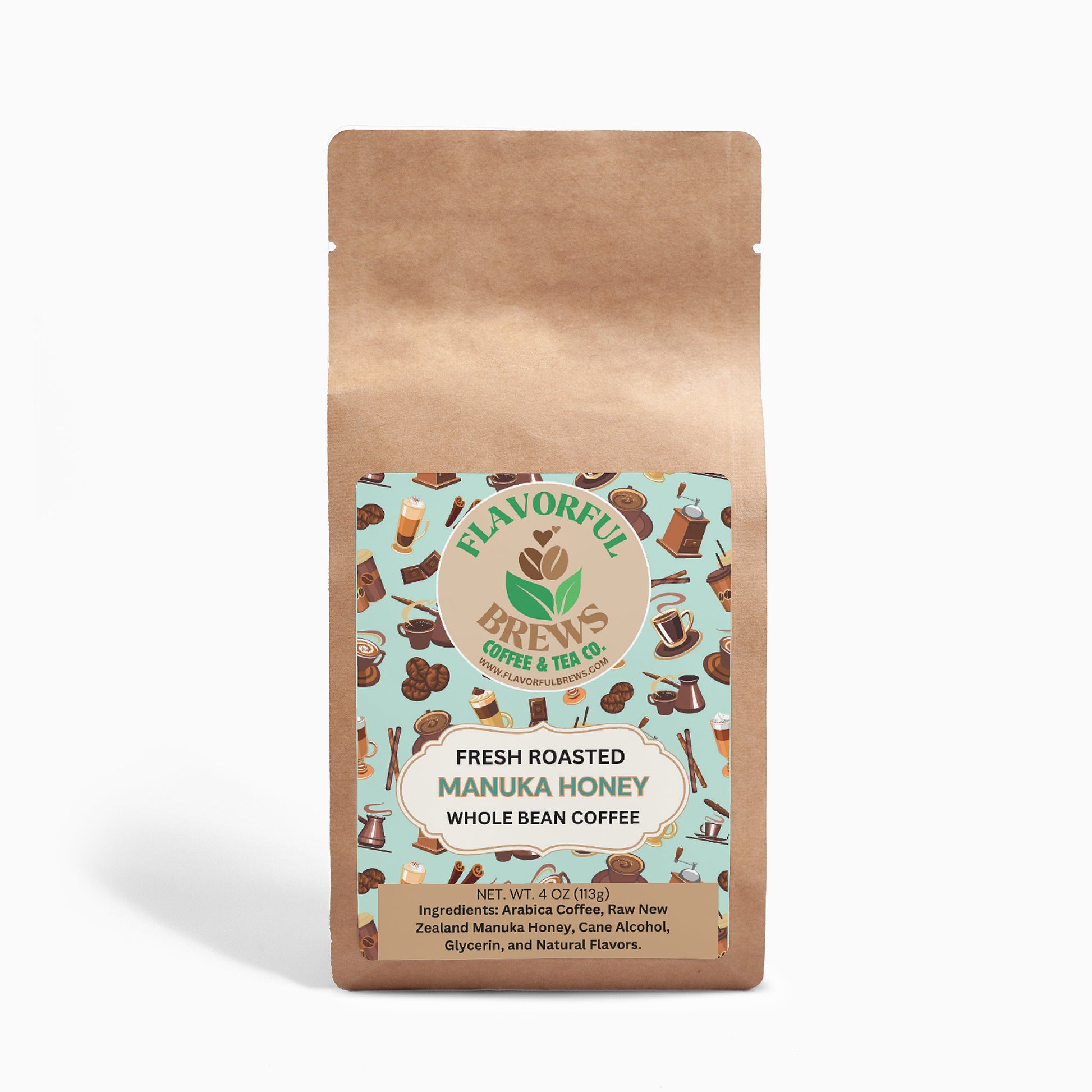 Manuka Honey Coffee bag with a colorful label on a white background