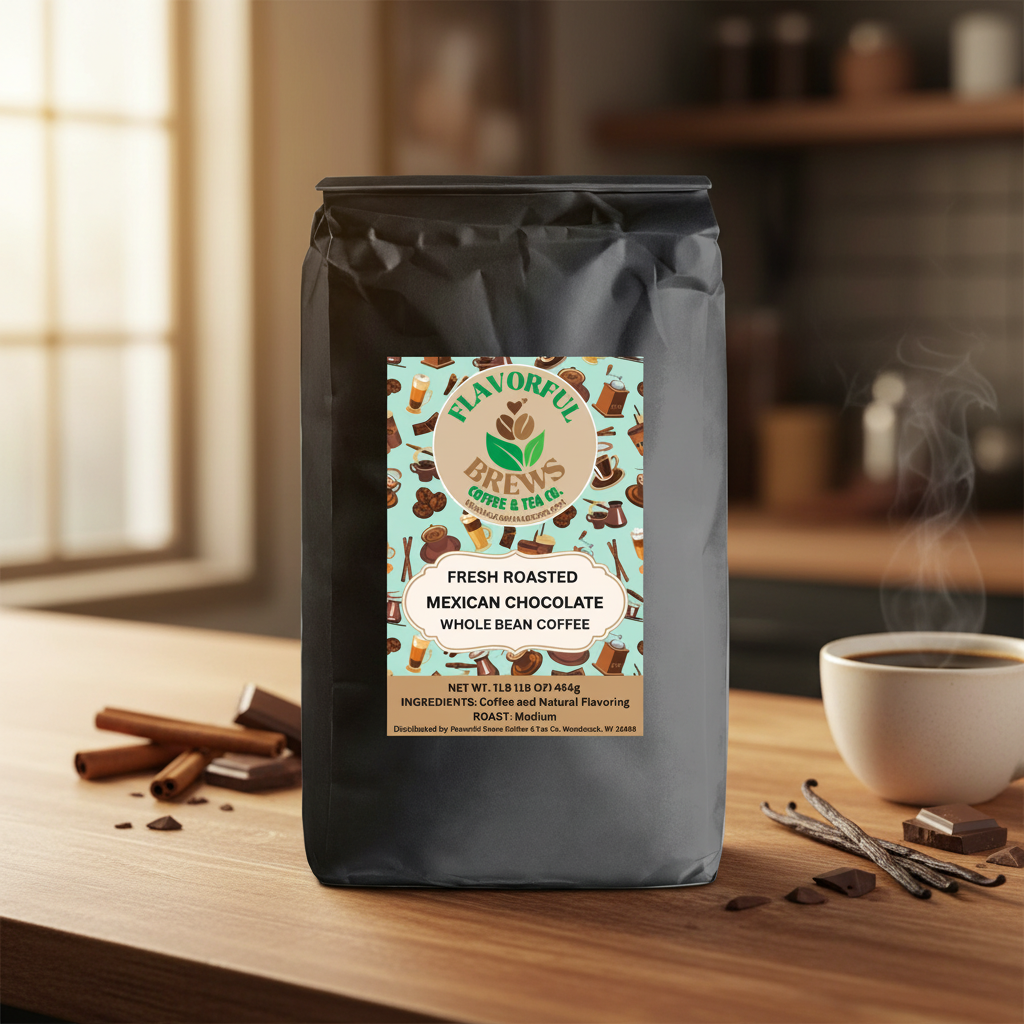 1 lb bag of Flavorful Brews Mexican Chocolate Coffee on a warm coffee-shop counter