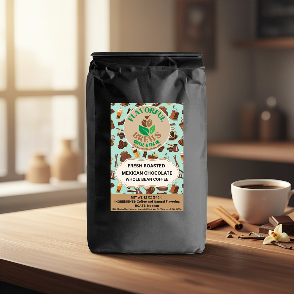 12 oz bag of Flavorful Brews Mexican Chocolate Coffee on a warm coffee-shop counter